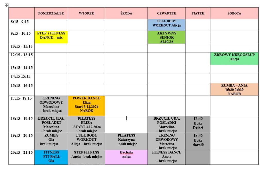 aktualny grafik zajęć fitness na siłowni