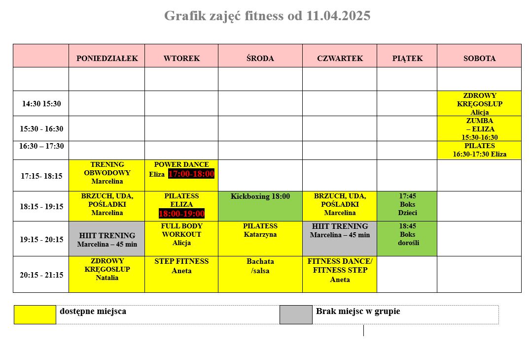 GRAFIK ZAJĘĆ FITNESS