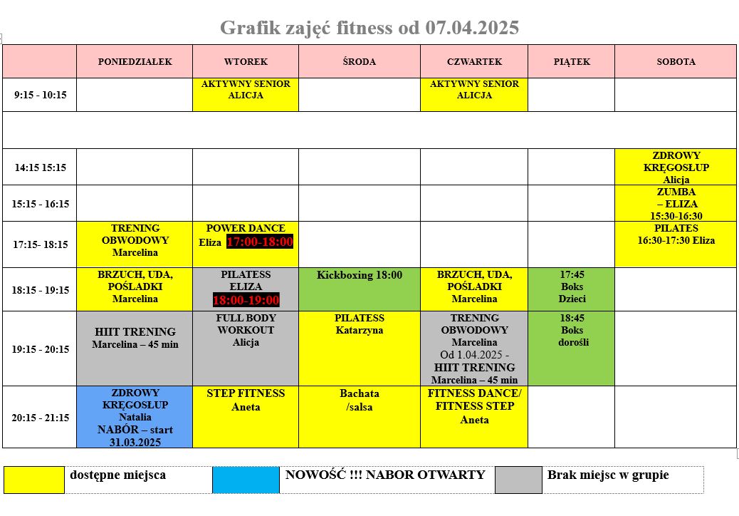 Grafik zajęć fitness