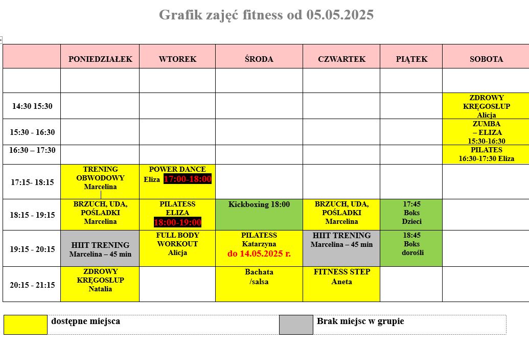 Aktualizacja grafiku zajęć fitness