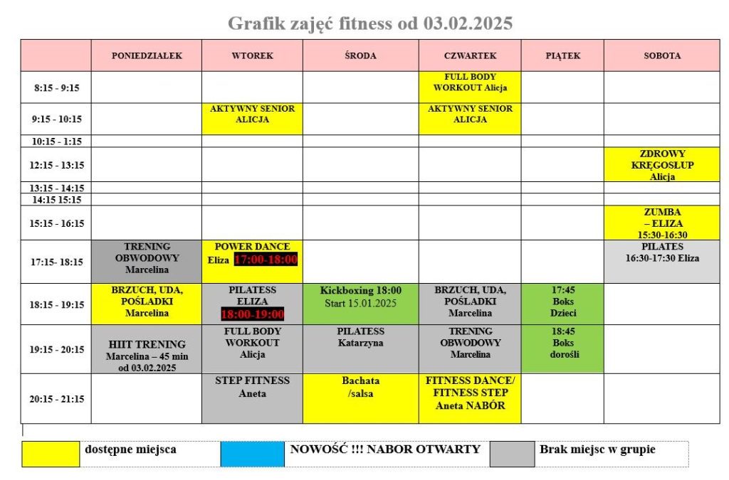 GRAFIK ZAJĘĆ FITNESS